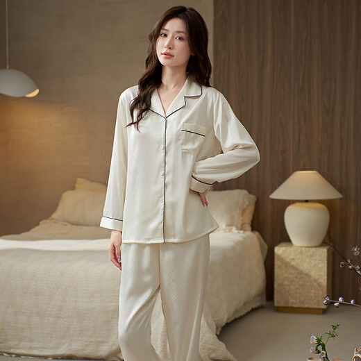 达芬奇密码2025睡衣女春秋夏季情侣装高级感红色冰雪丝家居服睡衣 681 （女款奶白） M 【推荐体重80-100斤】