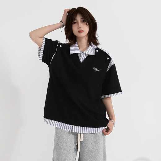 HUALIN FASHION Henry lapel striped splicing fake two-piece short-sleeved shirt men's summer new loose neutral shirt collar T-shirt gray 2XL