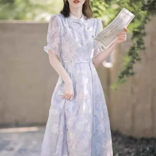 Apocalypse Nouvelle robe à collier debout Luxury haut de gamme Luxury Amélioration de la robe à mi-long 1503 (pas de retour et d'échange) Bleu clair (Luxury haut de gamme Amélioré Cheongsam) 1503 S BUST 82-84 TAILLE 64-66 Longueur de la jupe 112
