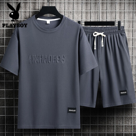 花花公子（PLAYBOY）休闲运动套装男潮牌冰丝t恤薄款短裤大码短袖帅气搭配两件套 套装-TZ829卡其【上衣+裤子】 XL 建议130-145斤
