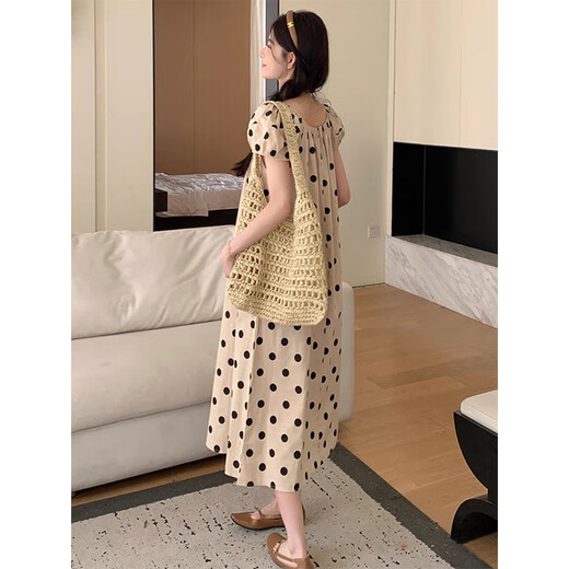 Yezhi maternity dress 2025 new polka dot dress loose belly-covering large size long skirt puff sleeve summer thin maternity skirt Polka dot maternity skirt [bee] XL size