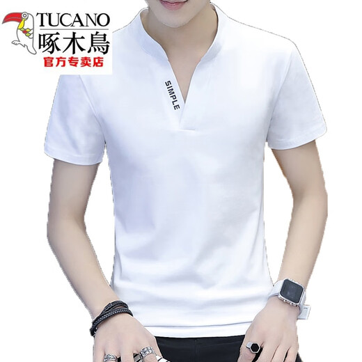 Pájaro carpintero (tucano) collar de pollo color sólido algodón camiseta de manga corta collar de verano cuello delgado insports tendencia simple tendencia simple. Blanco 691 m incoloro