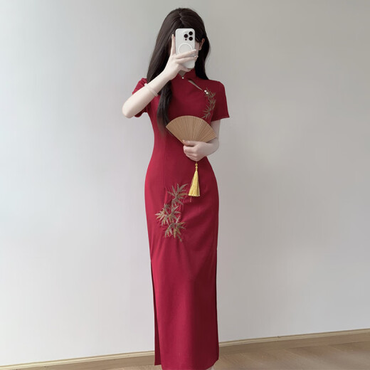 丹珠娜（DanZhuNa）紫色新中式连衣裙2025夏季新款女装少女年轻款改良气质旗袍长裙子 9764黄色旗袍（无饰品） S