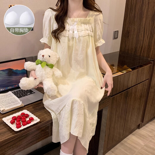 Xiangyaxin summer chest pad short-sleeved nightgown for women woven cotton 2024 new summer sweet princess style home clothes pajama thin 9901-4 color love M