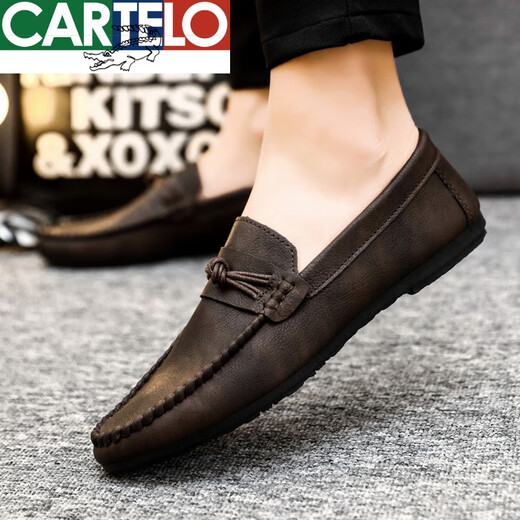 CARTELO bean shoes for men 2025 spring new genuine leather trendy shoes for men breathable one-foot-sole casual leather shoes D826 black 39