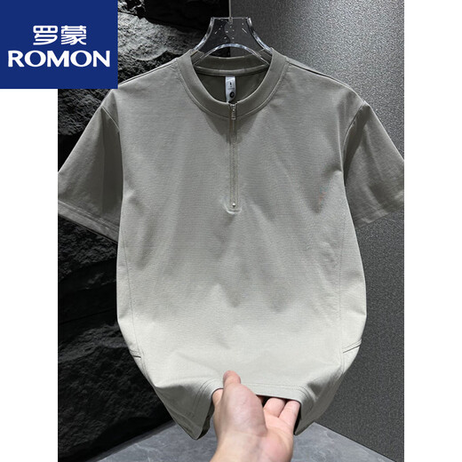罗蒙（ROMON）短袖t恤男士2025夏季潮流半拉链凉感上衣纯色宽松百搭立领体恤衫 黑色 1585款 L 120-140斤