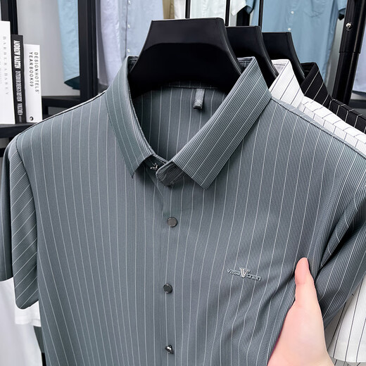 
Classic Car Summer Men's Jinmin Short Sleeve Shirt Striped Breathable High Elastic Anti-Wrinkle Non-Secret Business Casual Shirt Men's New Style AN15277 Gray M
