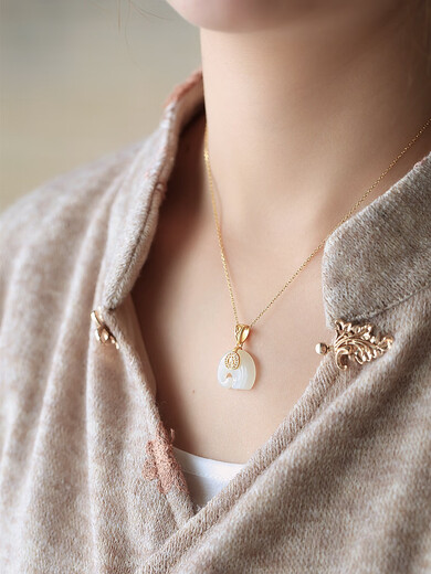 Youshu sterling silver Hetian white elephant pendant for women new Chinese style national style gold inlaid elephant stone clavicle chain necklace for women single pendant