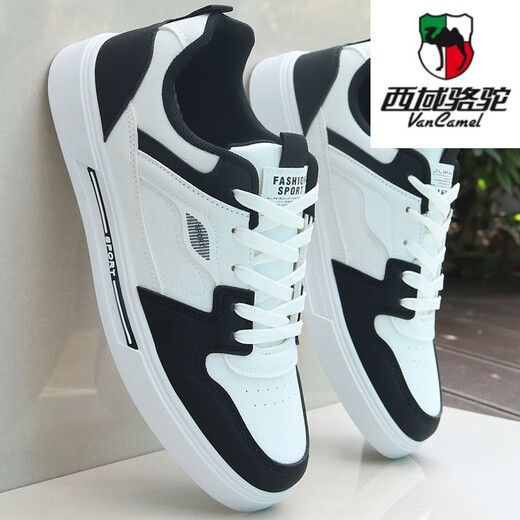 Zapatos de hombres de la marca de camello occidental (Vancamel) para la primavera y el verano 2025 Nuevos zapatos blancos de cuero para hombres versátiles versátiles zapatos casuales 9910 modelo insignia blanca y negra 41