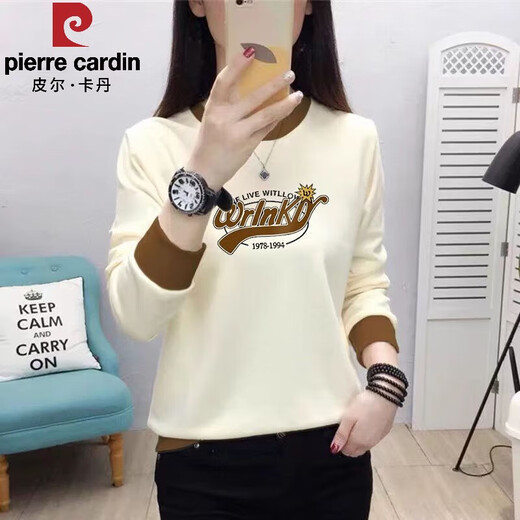 Pierre Cardin Early Frühling Neues 2025 Langsalz T-Shirt für Frauen dünn lose und vielseitig Herbst und Winter modischem Hutloses Sweatshirt für Frauen außerhalb von 5009 Milchkaffee [Frühling und Herbst vielseitig] M empfohlen 85-100jin [Jin gleich 0,5 kg]