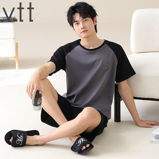 VTT纯棉短袖短裤男家居服套装夏季便携抗菌吸湿排汗可外穿 V短袖套装：OMM13601 L