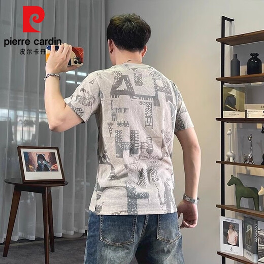 皮尔卡丹（pierre cardin）男士冰丝短袖T恤2025夏季薄款圆领个性印花半袖上衣修身百搭体恤 1203黑色 3XL