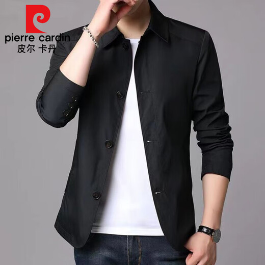 皮尔卡丹（pierre cardin）春秋季男士休闲夹克西装中青年色翻领薄款韩版修身风衣外套针织 浅灰色1048 M 【建议98-118斤】