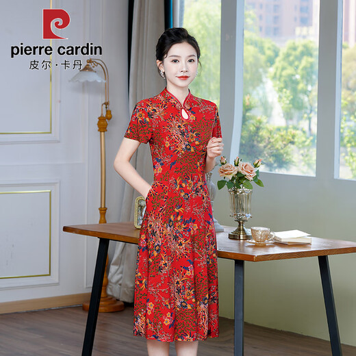 皮尔卡丹旗袍女中长款夏季女装2025新款中年妈妈短袖旗袍裙改良复古连衣裙 698红色 3XL 建议125-136斤
