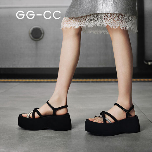 GG-CC [Yang Chaoyue Same Style] Sommer Chanson Sommer Neuer modischer Strassbein schwarzer dicker Solid-Sandalen für Frauen G25S1024 Black Diamond Sandals 36