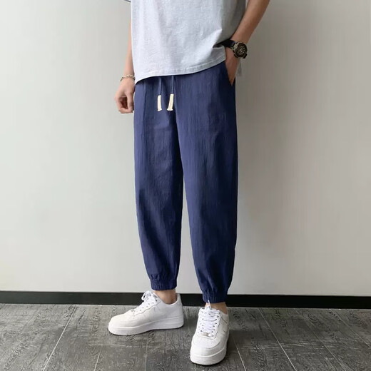 On the Pu Pants Men's Summer Thin Fashion Leisure Pants Cotton Line Summer Men's Trendy Brand Line Cropped Pants Men's Black [Line Pants] M