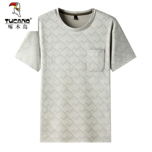 Camiseta de manga corta para hombres de verano de carpintero de verano, hombres jóvenes de mediana edad y jóvenes con cuello redondo de bolsillo, seda transpirable, seca, seca rápida, hombres de media manga beige gris 689 l 170