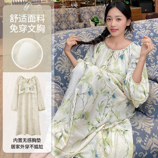 Dan Nanwei 2024 Nouveau style Sweet and Cute Cloud Cotton Coton Longue de nuit à manches longues avec coussinet de poitrine pour le printemps et l'automne Long Jupe à la maison tir-out des vêtements 13063 M 160