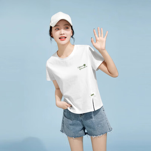 Camiseta de manga corta de Yalu White para mujeres en verano 2025 Nuevo dobladillo coreano Slit suelto y versátil verde corto verde 9764 pequeño cofre izquierdo M 100-110Jin [Jin equivale a 0.5 kg]