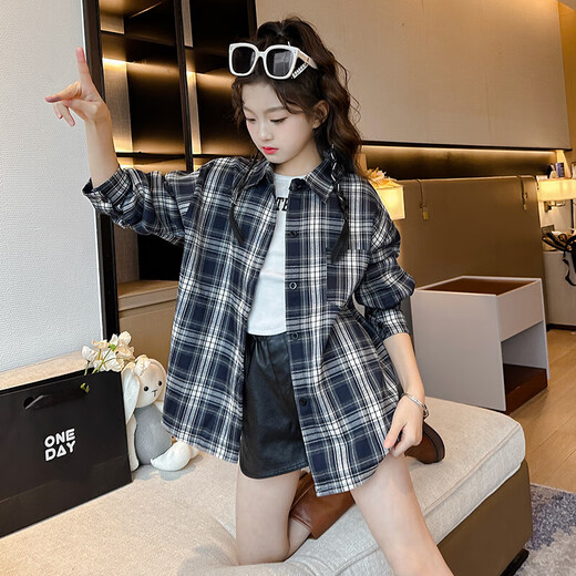 
Girls' shirt spring and autumn style 2025 new big children's fashionable plaid loose long-sleeved top children's shirt LXH-T869 [Blue] spring and autumn style 150