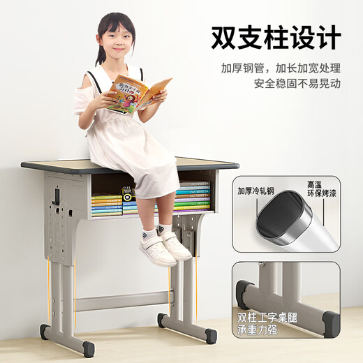 晶霄 儿童课桌椅培训辅导班书桌家用学习桌椅学生写字桌椅套装可升降 【旗舰款】 双柱课桌+椅 深灰色