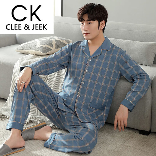 Clee/Jeek Herren Pure Cotton Pyjamas Langarmer Frühlings- und Herbst-Size-Strickjacken dünner Anzug für Herren-Heimkleidung MZ-3523 L [120-140jin [Jin ist gleich 0,5 kg]]