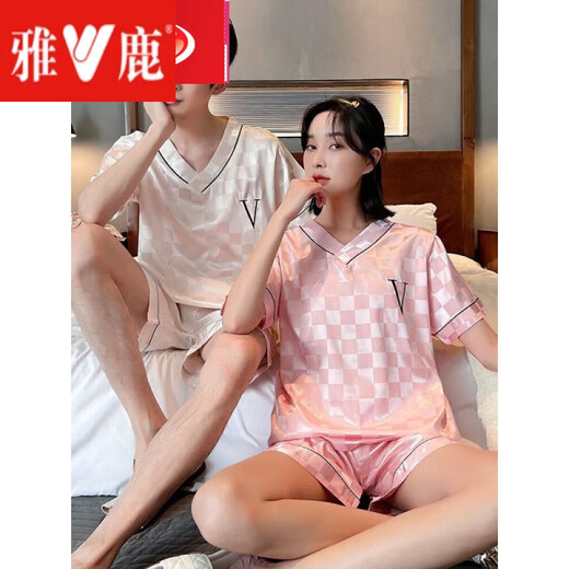 Yalu Couple Silk Pajamas Summer des femmes à manches courtes pour femmes Grande taille 200 Jin [Jin équivaut à 0,5 kg] Été Vêtements à domicile pour hommes Ice Silk Thin Style 6 688 # -4 Double G Black Jacquard M Goddess + Dieu masculin L L