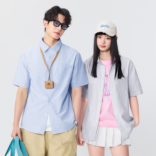 Miniso short-sleeved shirt men's summer Oxford striped shirt men's clothes casual lapel half-sleeved Z blue and white M