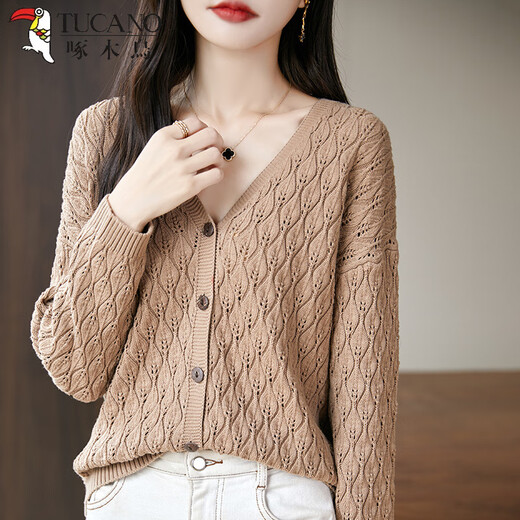 
Woodpecker summer V-neck cardigan sweater for women loose large size fashionable solid color hollow versatile sunscreen sweater Navy blue thin thin XL recommended 120-135Jin [Jin equals 0.5 kg]