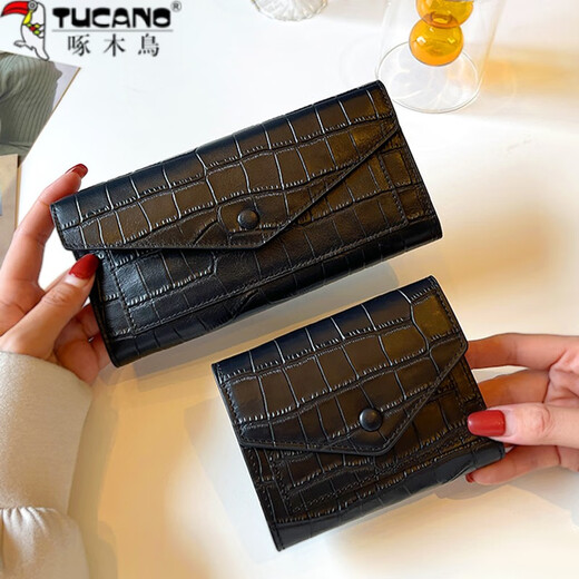 Carpintería (tucano) nueva billetera de cuero para mujeres larga capacidad de gran capacidad patrón de bolsas de mano de moda de cuero suave múltiple tendencia de la tendencia del clip negro largo. 9579