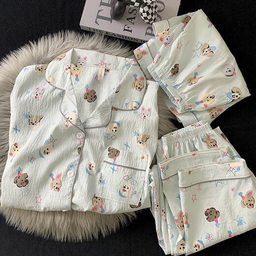 京濮飞HelloKitty短袖睡衣三件套可爱凯蒂猫夏季棉纱家居服 云朵棉-J9901#乐园小狗三件套 M 【建议75-100斤】