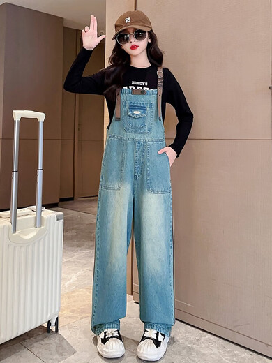 Jiaojing children's clothing girls denim overalls girls sports and casual long trousers spring and autumn clothes Korean loose trend retro overalls 120 size recommended height 105-115CM