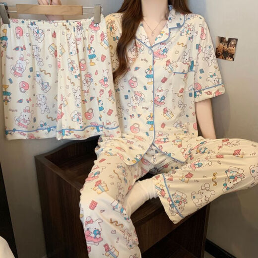 琉善睡衣女夏季新款短袖长裤纯棉薄款三件套甜美可爱学生家居服可外穿 FS-14132三件套 M 【75-95】
