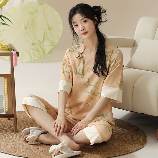 雅鹿国风睡衣女士夏季薄款国潮古风家居服套装休闲短袖七分裤女 9901# M