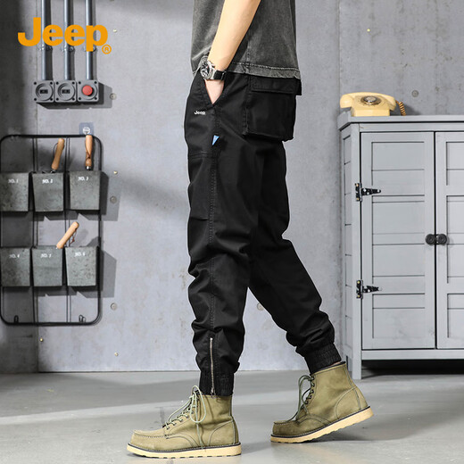 吉普（JEEP）休闲裤男士夏季冰丝束脚长裤多口袋工装裤子679 黑色 32