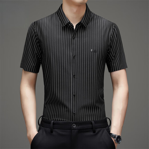 Jinlilai kurzärärmiges Hemd Herren Sommer Neugeschäft Casual High Elastic Nicht-Scaling Ice Seide gestreiftes Hemd C612 Weiß L 170