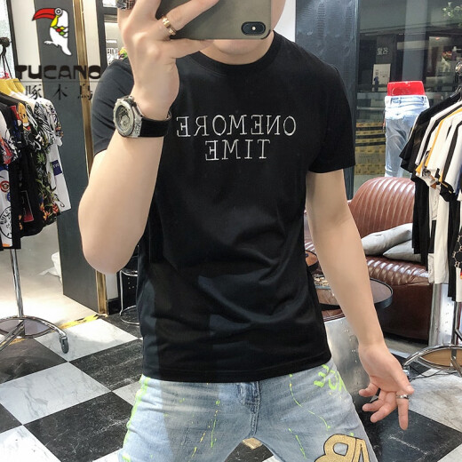 啄木鸟（TUCANO）t恤男士2025夏季新款短袖T恤男修身个性刺绣烫钻欧货丝光棉体恤男 724闪电R蓝绿色 3XL
