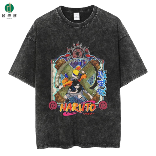 攸帝娣新款街头水洗做旧复古日系火影忍者Naruto动漫棉T恤男夏季短袖 B1396水洗黑 S