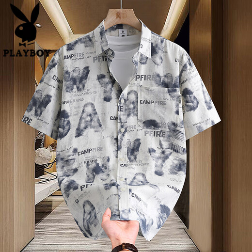 
Playboy (PLAYBOY) summer washing cotton vertical striped tie-dyed short-sleeved shirt for men ins internet celebrity slim Korean style handsome shirt thin coat blue 1342-C507 L 110-125Jin [Jin equals 0.5 kg]