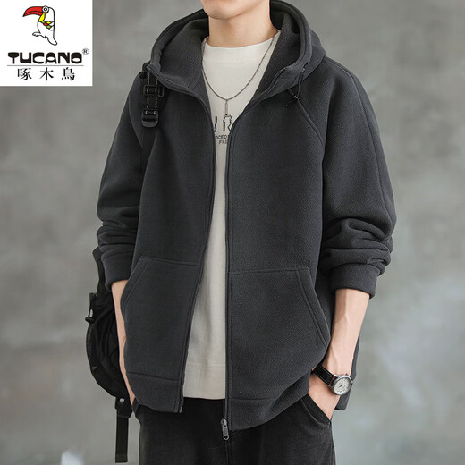 Woodpecker (TUCANO) Austrian velvet jacket men's autumn and winter new velvet hooded jacket for men and teenagers all-in-one velvet sports cardigan coat 10268-1-K0905 gray velvet XL about 145~165Jin Jin equals 0.5 kg can be worn
