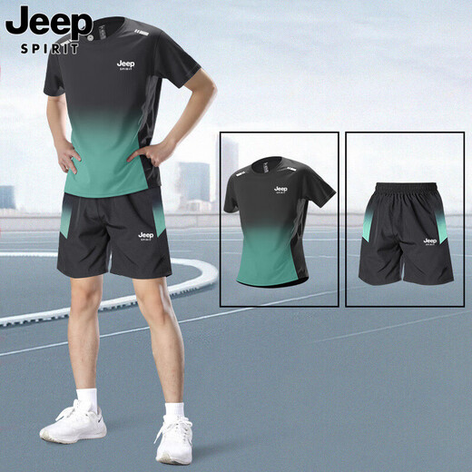 
JEEP SPIRIT Jeep Ice Silk Set Men's 2025 Summer New Short Sleeve T-Shirt Men's Running Fitness Basketball Quick Dry Sportswear 9901 Black and Gray Set XL