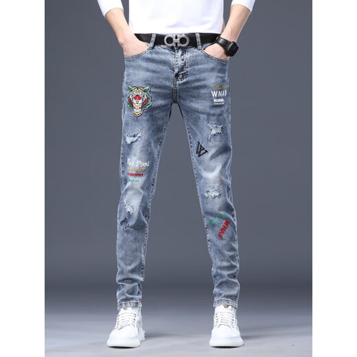 
AEMAPE high-end brand ripped print jeans men 2025 new slim straight-leg small foot embroidered versatile pants men sky blue 6626 28 2.1 feet