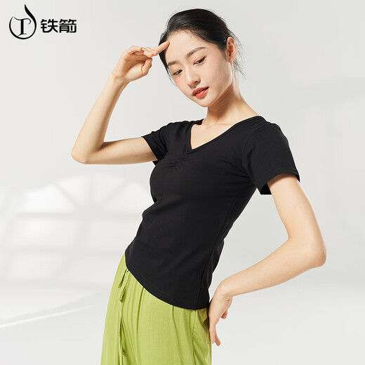 铁箭舞蹈服V领成人形体服上衣中国古典芭蕾舞练功服女 黑色短袖  L