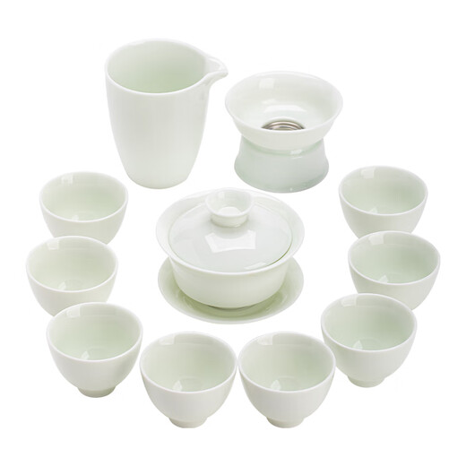 SUSHI CERAMICS Jade Jade Kung Fu Tea Set Mutton Fat Jade Ceramic Three-Cai Covered Bowl Celadon Gift Box