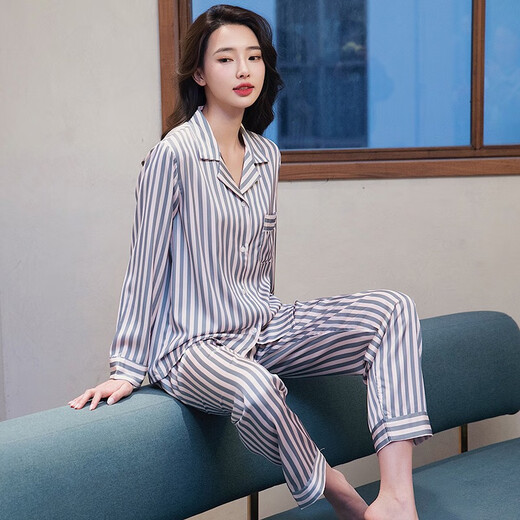 
MONTAGUT 2025 new pajamas for women in spring and autumn ice silk long sleeve striped cardigan lapel fashion internet celebrity home clothing set xe double length 6625# gray pink stripes one size m