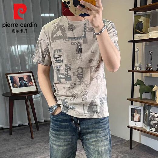 皮尔卡丹（pierre cardin）男士冰丝短袖T恤2025夏季薄款圆领个性印花半袖上衣修身百搭体恤 1203黑色 3XL