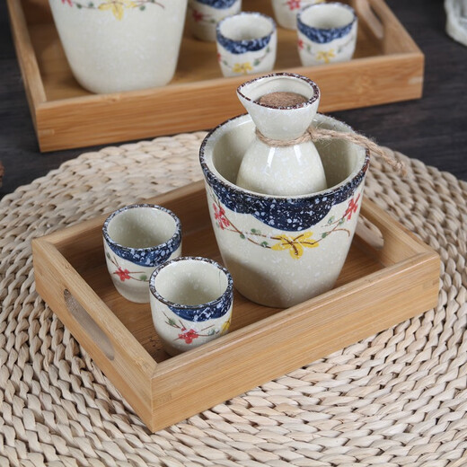 Retro old-fashioned ceramic sake pot, wine cup, wine warmer set, household wine divider, white wine cup, spirit cup with tray, Pinlian 6 two pots with 6 cups + wine warmer + tray. Collect