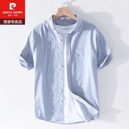 皮尔卡丹（PIERRE CARDIN）男士条纹衬衫短袖宽松夏季薄款日系休闲百搭纯棉衬衣夏装衣服 9740黑色 M 斤左右