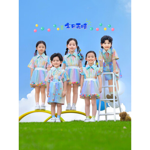 丰灵鸟儿童表演服装六一幼儿园炫彩衬衫背带裤蓬蓬裙舞蹈服啦啦队演出服 2套装831D彩色短袖衬衫+827D3D彩 100