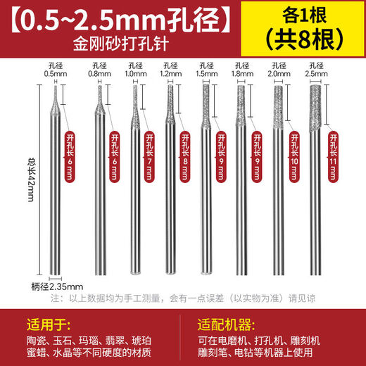 Ai Ruidun Emery Drilling Needle Jade Jade Agate Drilling Drilling Expanding Drill Bit Extended Diamond Electric Grinding Machine Accessories 8 types 0.5-2.5mm 1 piece each Total 8 pieces No Specifications